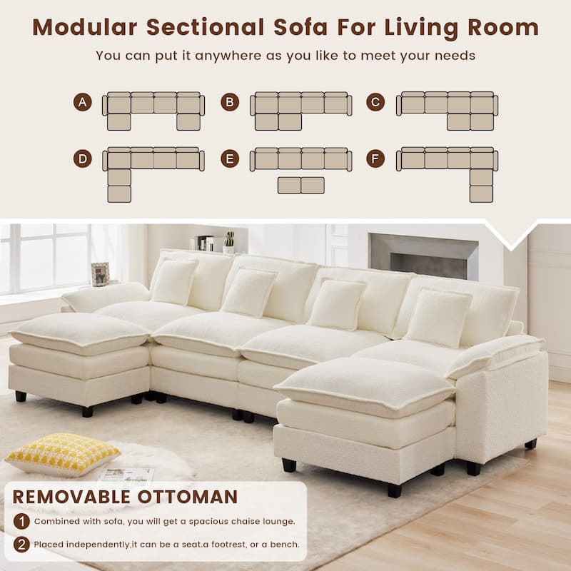 Modular Chenille Sectional Sofa with Ottomans, Deep Seat, Wide Padded Armrests, 2-Seat / 3-Seat / 4-Seat Options