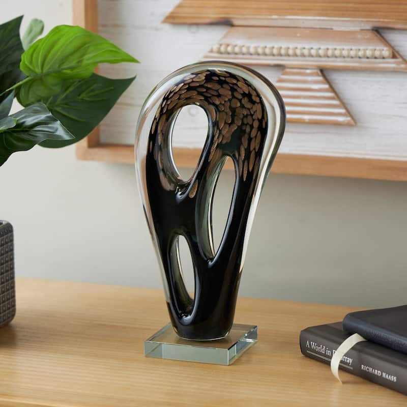Black Glass Curved Cutout Abstract Decorative Sculpture with Gold Spotted Accents - Black