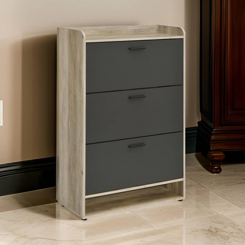Danny Shoe Storage Cabinet, 3 Tiered, Bottom Shelf, Antiqued Gray Pine