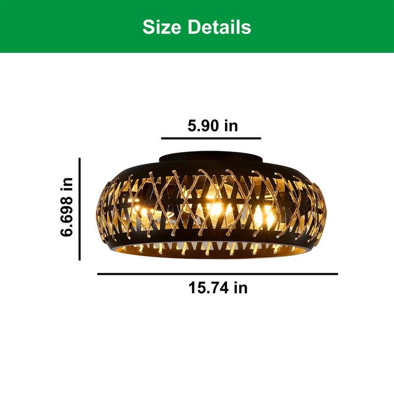 3 Light led light black ceiling light metal, rattan boho light fixtures - N/A