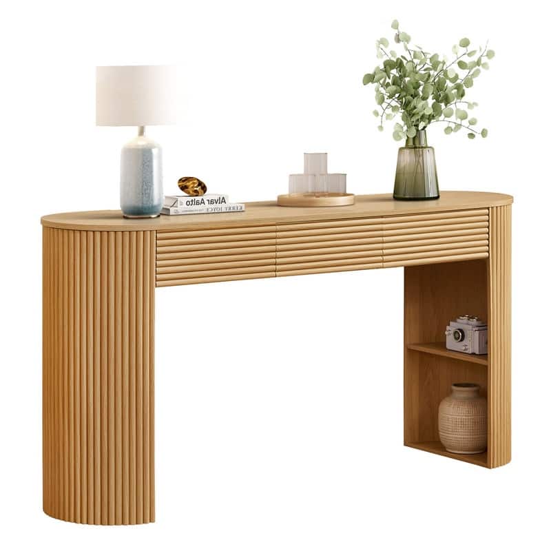 Mid-Century Retro 59.8" Console Table with Drawers and Storage Shelf for Entryway or Living Room