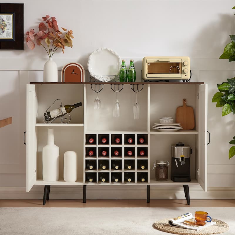 Faux Rattan Wine Bar Cabinet with Wine Rack & Wine Glass Holder, Buffet Storage Cabinet Kitchen Microwave Cabinet, White+Walnut