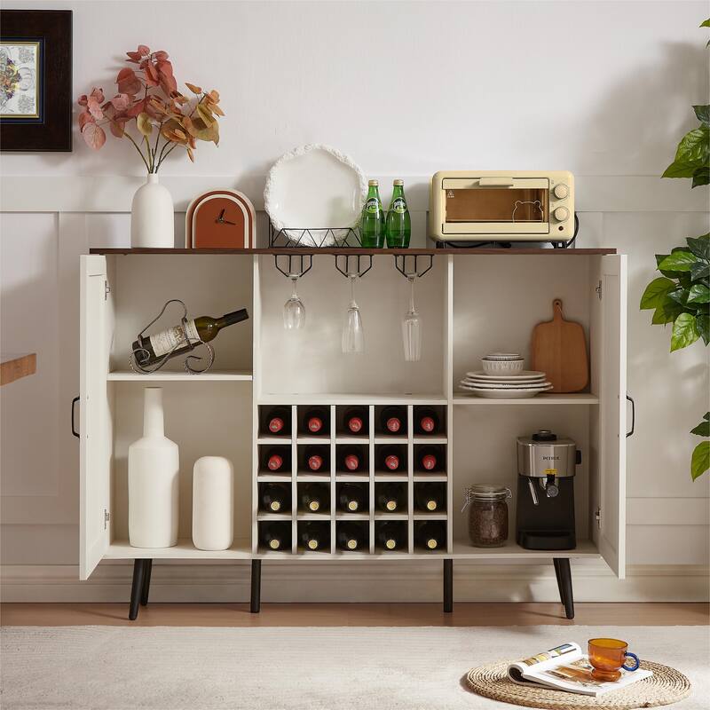 Rattan Barn Door Wine Cabinet with Wine Rack and Wine Glass Rack, Double Door Buffet Cabinet with Removable Shelves