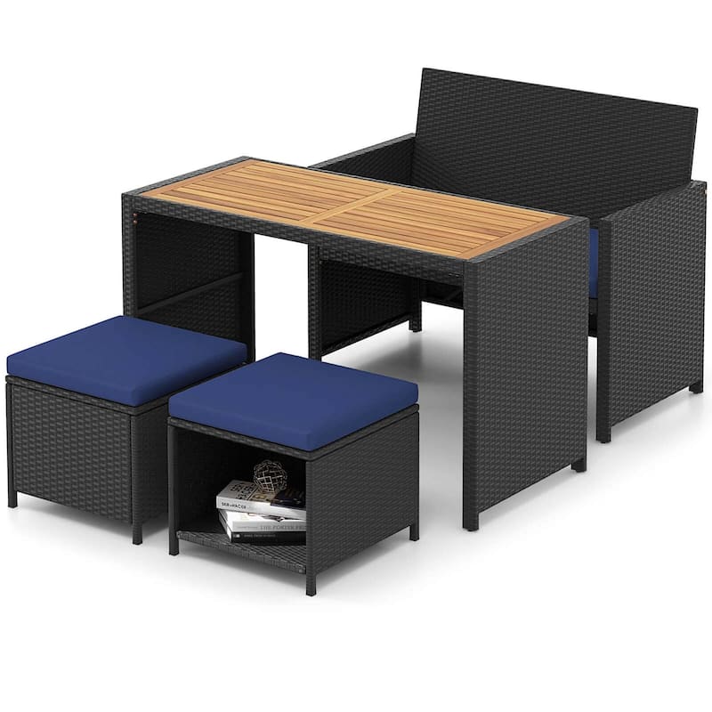 4PCS Rattan Wicker Dining Set Space-Saving Patio Furniture Set - Black＆Navy
