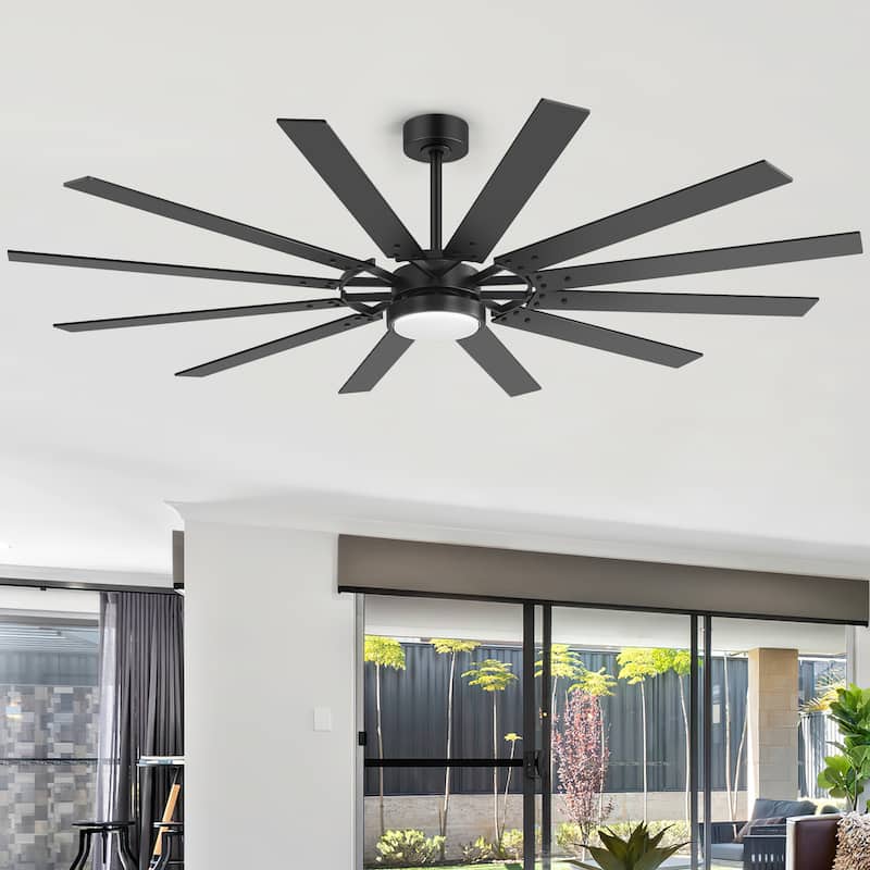 72"/80" Large Windmill Ceiling Fan with Light and Remote(12 Reversible Blades) - 72-INCH
