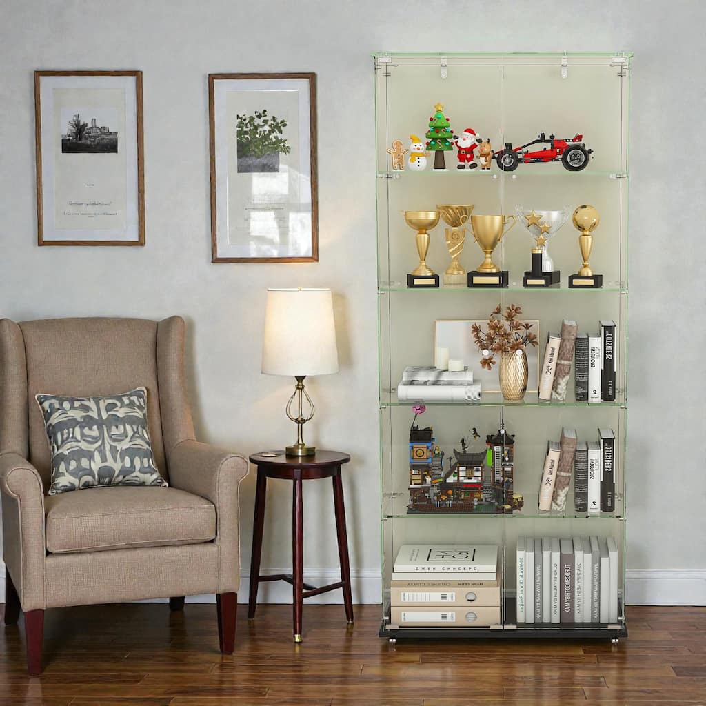 4-Tier Tempered Glass Display Cabinet with 5 Dynamic LED Modes, Double Doors & Fixed Shelves for Collectible Showcase