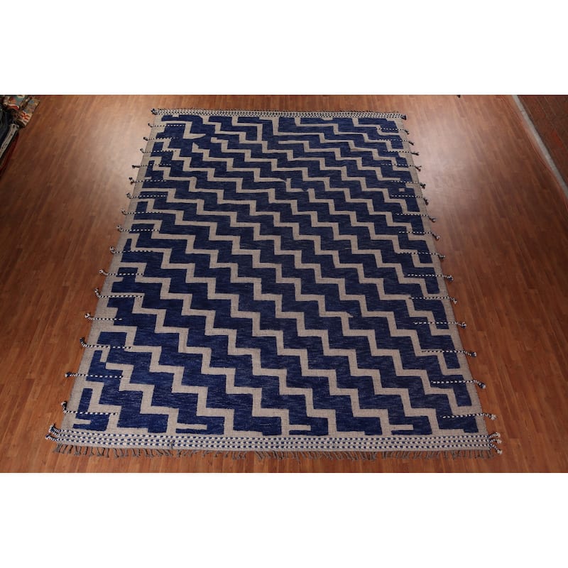 Blue Geometric Moroccan Modern Large Area Rug Hand-Knotted Wool Carpet - 11'8"x 15'6"