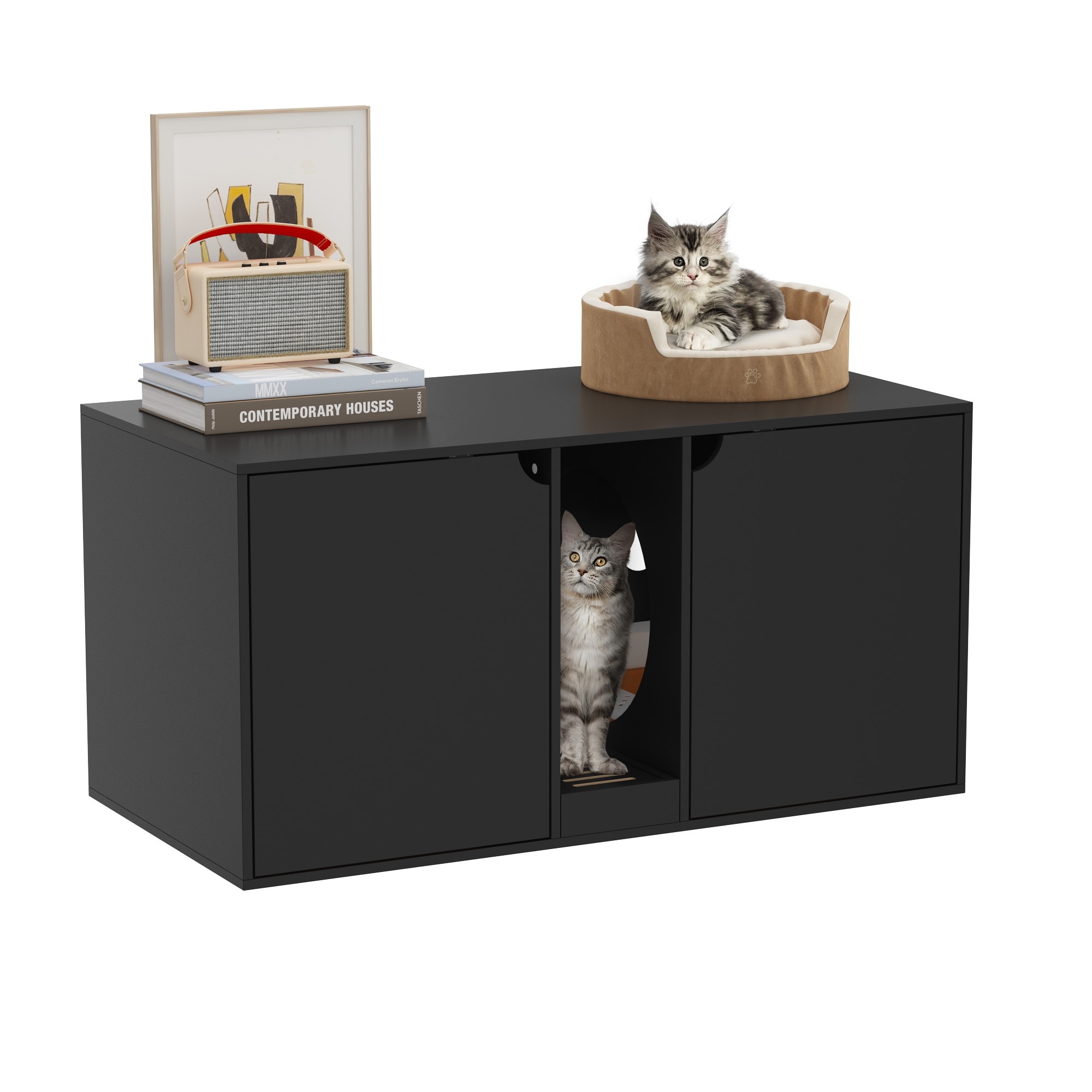 Hidden Cat Litter Box Enclosure Furniture Cat Washroom w Double Room