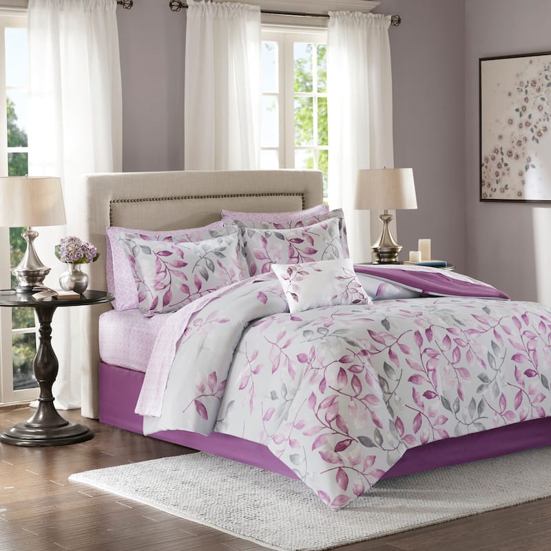 Madison Park Essentials Eden Purple Printed Complete Comforter Set with Cotton Bed Sheets
