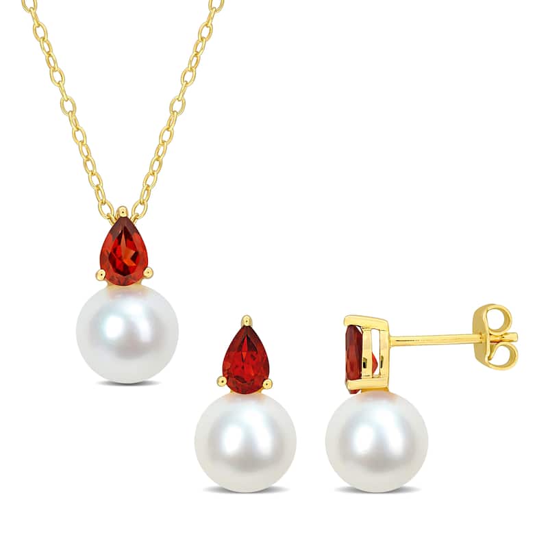 Miadora Cultured Freshwater Pearl 1 1/2ct TGW Garnet Pendant Chain Earrings Set Yellow Silver