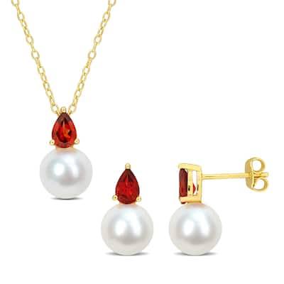 Miadora Cultured Freshwater Pearl 1 1/2ct TGW Garnet Pendant Chain Earrings Set Yellow Silver