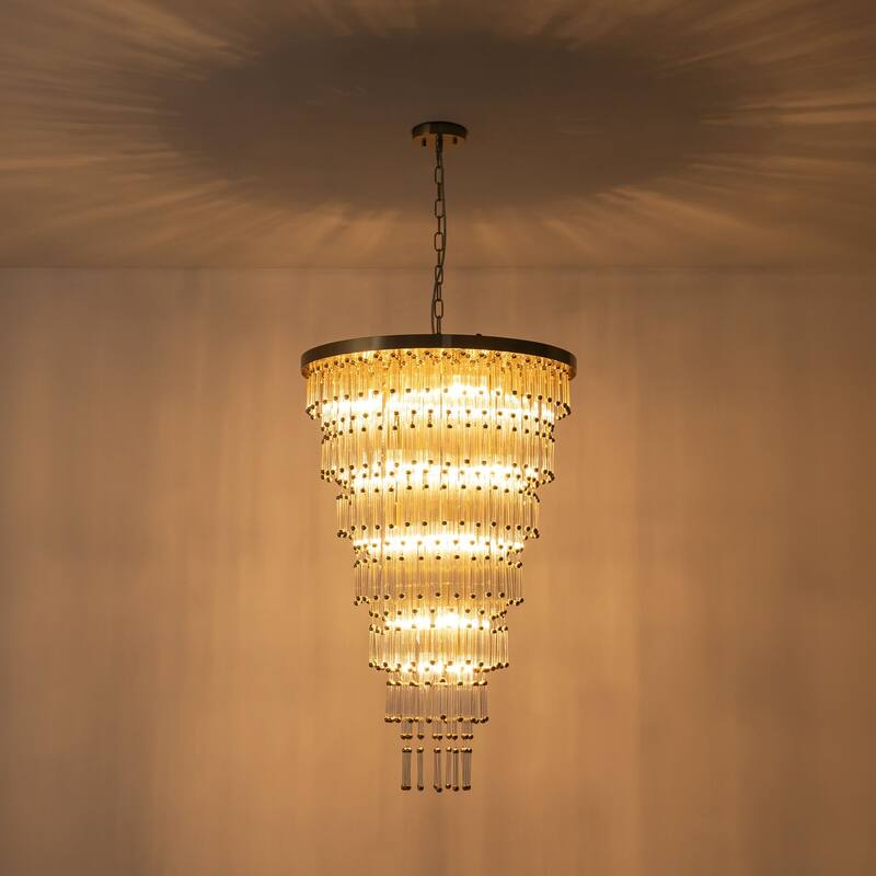 Gold Modern Clear Glass Tiered Large Chandelier - 23.62 in. W x 37.4 in. H x 23.62 in. D