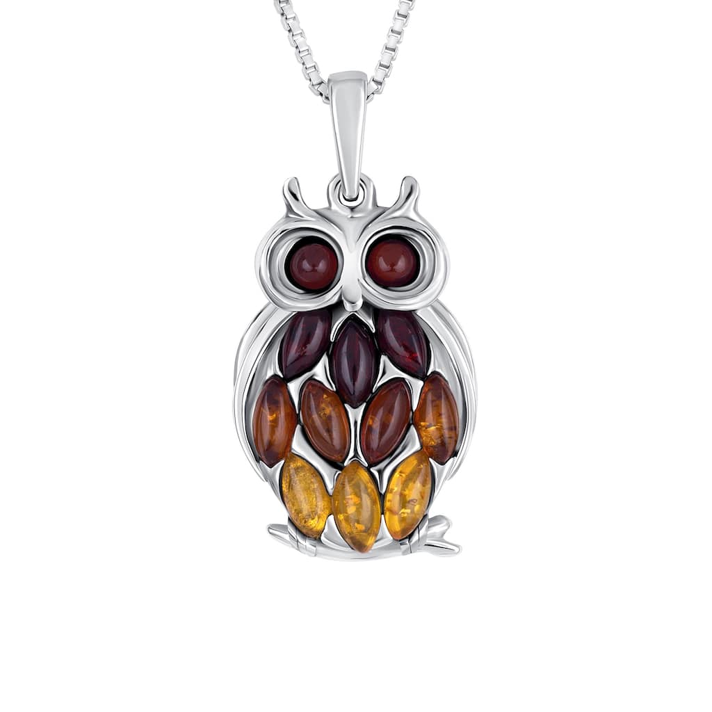 Baltic Amber Multicolor Owl Pendant Necklace in Sterling Silver