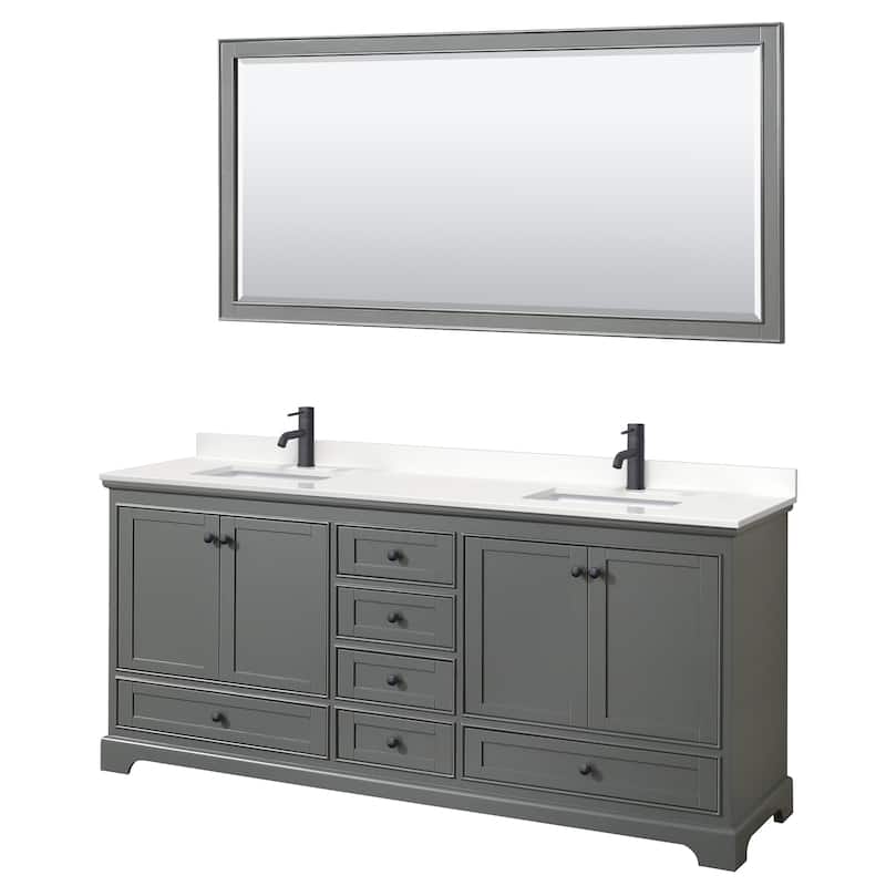 Deborah 80-inch Double Vanity, Quartz Top, 70-inch Mirror - Dark Gray, Black Trim, White Quartz Top