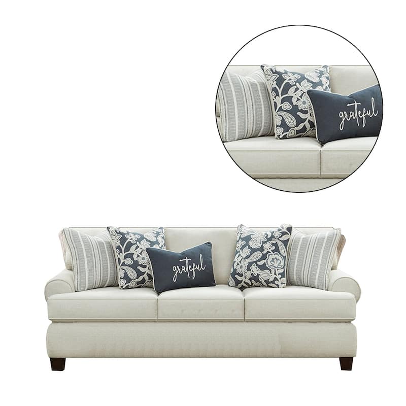 Chenille Upholstered Sofa With Pillows in Ivory Finish