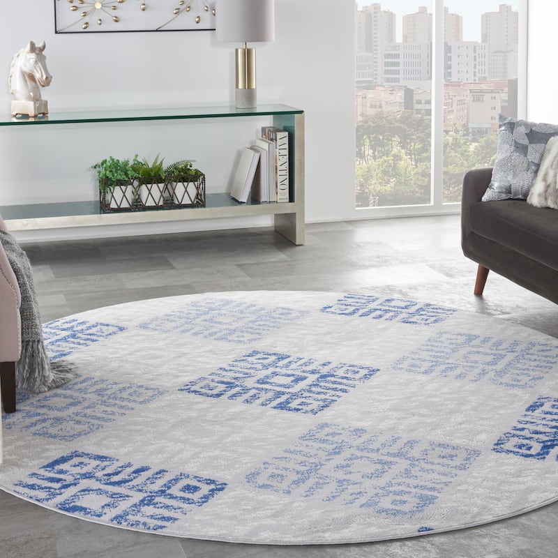 Nourison Whimsicle Boho Geometric Grey Blue Area Rug - 8' Round - Grey Blue - Runner/Round