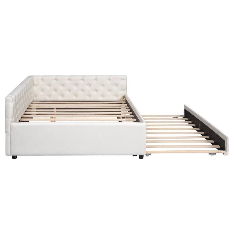 Full XL Size Upholstered Platform Bed Frame with Trundle, Elegant Tufted Button Design and Extra Sleeping Space for Bedroom