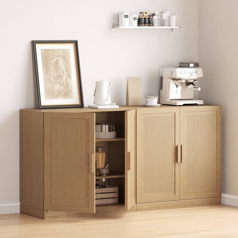 62"LX31"H Solid Wood Kitchen Pantry Sideboard Buffet Cabinet Storage with Rattan Doors - Brown