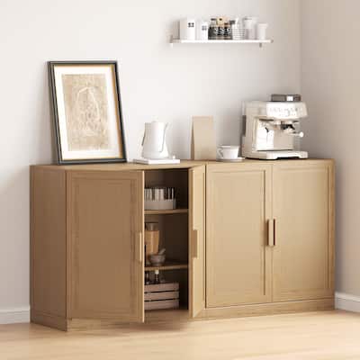 62"LX31"H Solid Wood Kitchen Pantry Sideboard Buffet Cabinet Storage with Rattan Doors