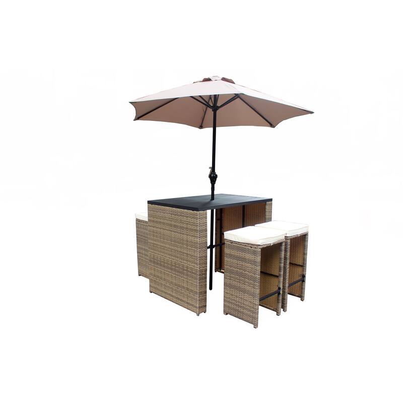 Luxury Living Furniture 6 Piece Wicker Rattan Outdoor Bar Set with Umbrella and Cushions for Patio and Poolside
