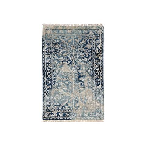 Shahbanu Rugs Navy Blue, Broken Persian Heriz Erased Design, Wool and Silk, Hand Knotted, Oriental Rug (3'1" x 5'0")