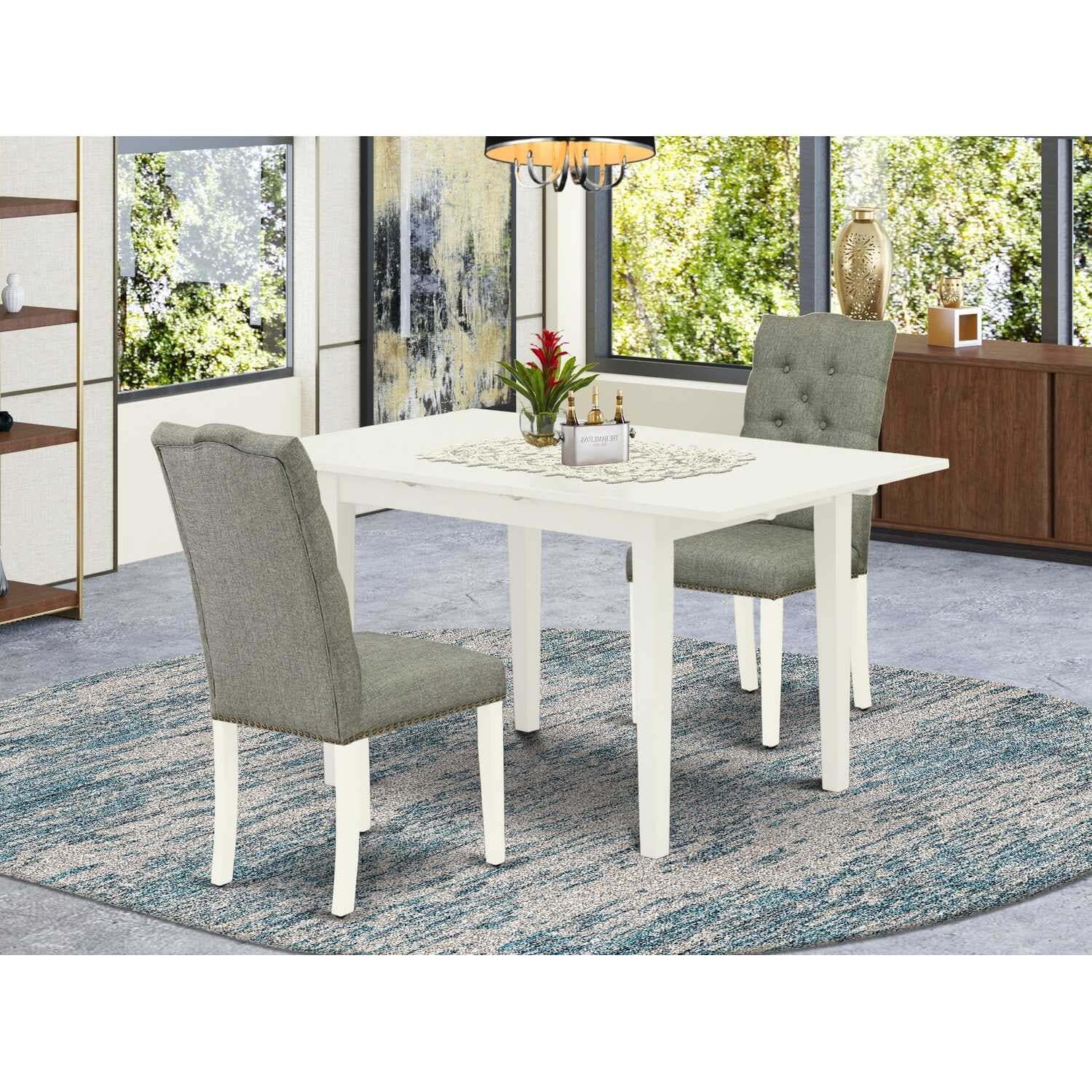 HomeStock 3-Piece Linen White Finish Rectangular Solid Wood Top With Butterfly Leaf Dining Table Set
