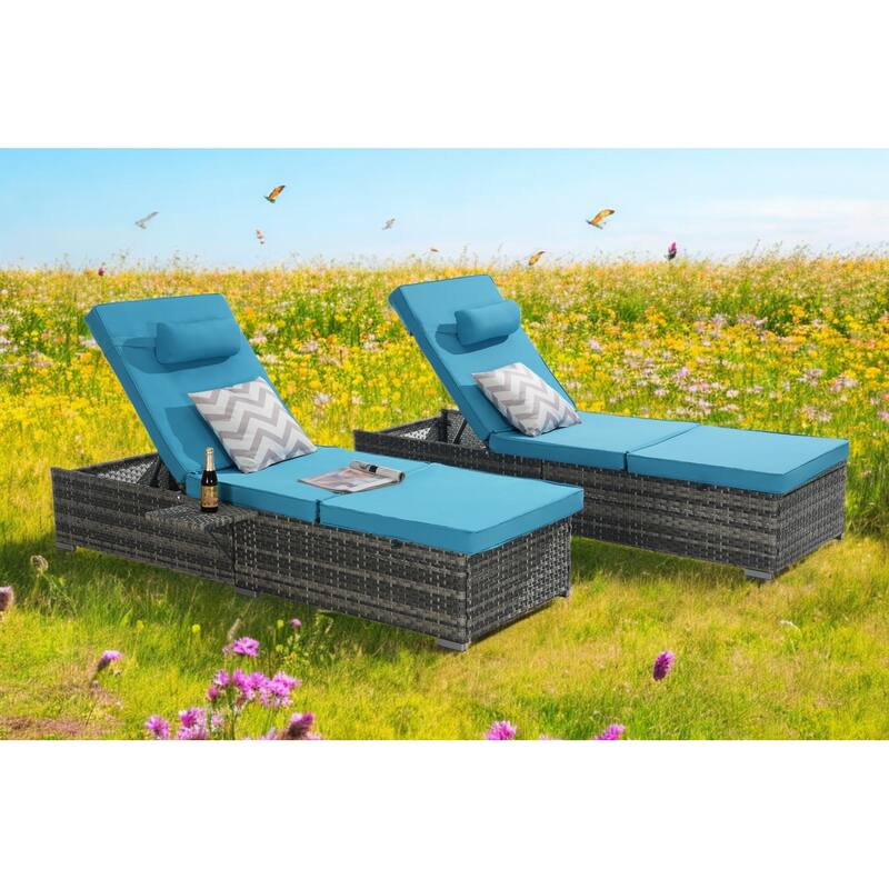 Outdoor Chaise Lounge Chair Set of 2 with Cushions and Adjustable Backrest – PE Rattan Recliners for Patio, Poolside, Garden - Light Blue