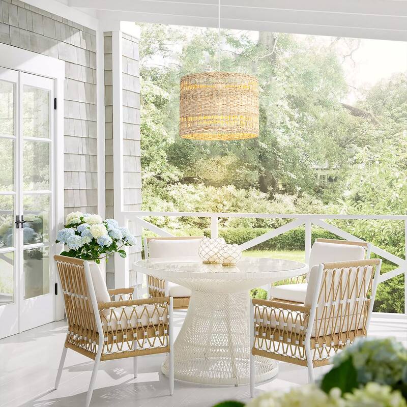 1-Light Boho Coastal Cylindrical Drum Woven Pendant Light with Matte White Finish and Herbaceous Rattan Shade