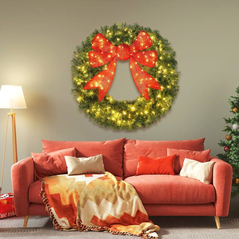 HOMCOM 48in Pre-Lit Xmas Wreath: 200 LED, 11 Modes, Remote, 3D Bow, Indoor/Outdoor
