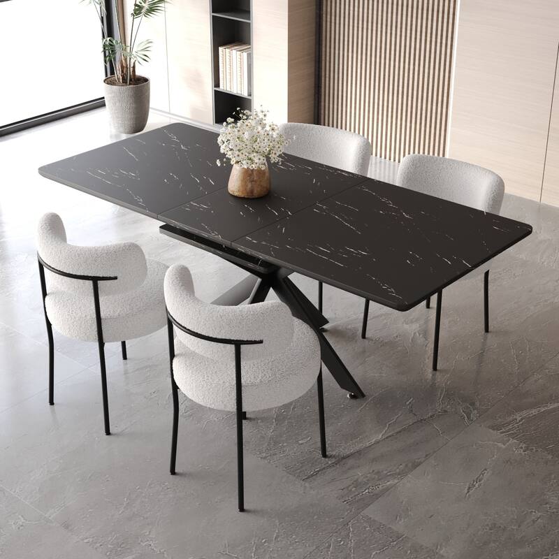 Modern Dining Set with Rectangular Extendable Table & Curved Backrest Round Chairs - 5-Piece Sets - Black White