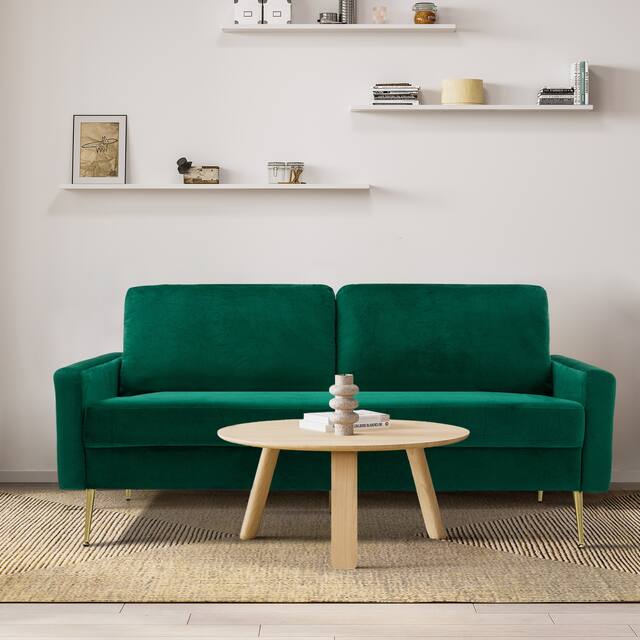 Modern Loveseat Square Arms Upholstered Velvet Sofa with Pillows - Green
