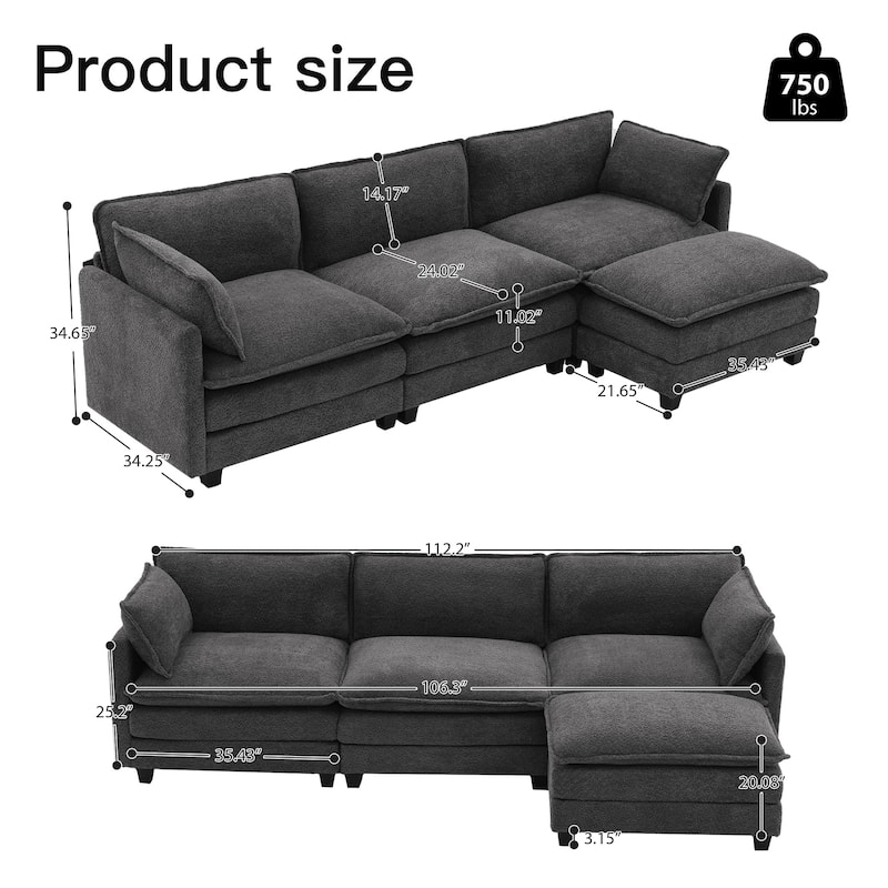 CLICKBIN Chenille Fabric Stragiht Arm L-Shaped Modular Sectional Sofa Couch with Ottoman for Living Room