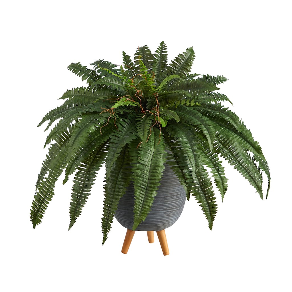 Retro Fern Artificial Plant with Stand - 2.5ft Indoor Greenery in Gray Planter - Home Decor - Green