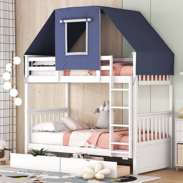 slide 2 of 9, White+Blue Twin Over Twin Solid Pine Wood House-Shaped Bunk Bed with Tent and Drawers, Convertible to 2 Beds White+Blue
