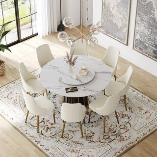 59'' White Round Dining Table with Lazy Susan, Sintered Stone Tabletop ...