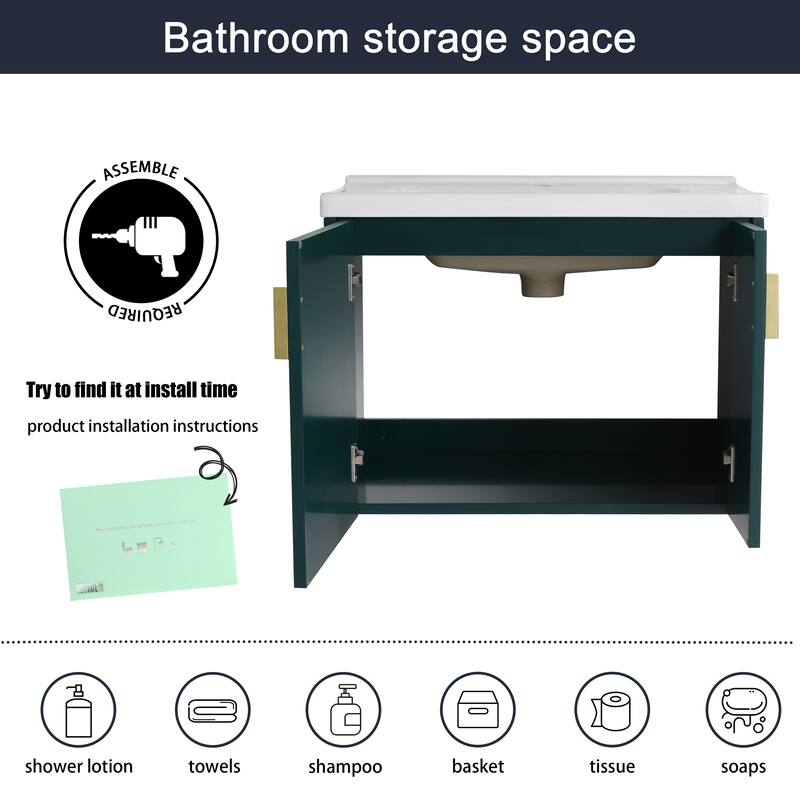 Malwee 24"/28" Floating Bathroom Vanity, Wall Mounted Bathroom Vanity with Ceramic Sink and Soft Close Door