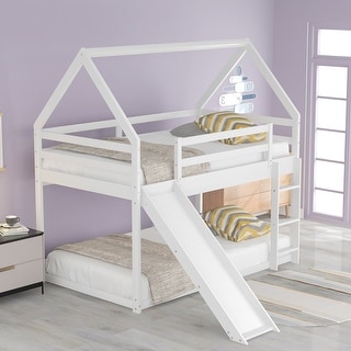 Modern Twin Size Wood Bunk House Bed with Slide, Ladder & Roof, White