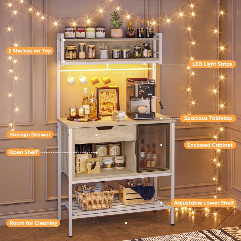 59 Inch LED Bakers rack, Kitchen Baker's Rack With hooks and Adjustable Shelf - 59″H×33.8″W