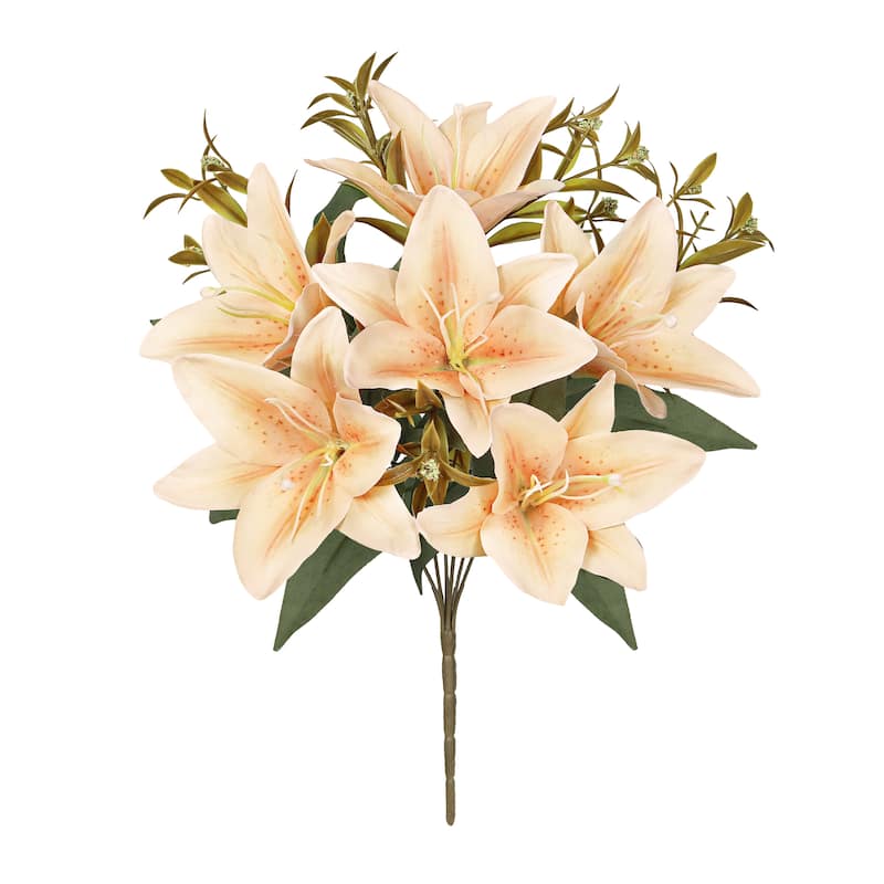 Set of 4 Champagne Peach Artificial Stargazer Lily Flower Stem Bush Bouquet 13in - 13" L x 8" W x 8" DP