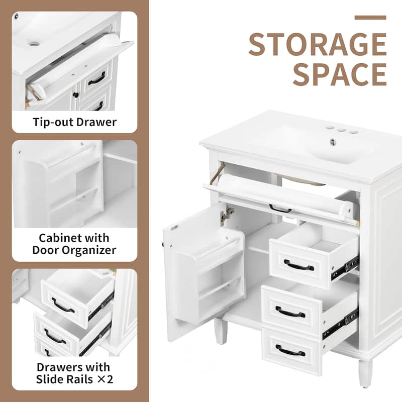 30 Inch Bathroom Vanity with Ceramic Sink Top, Flip Drawers, Freestanding Storage Cabinet (Faucet Not Included)