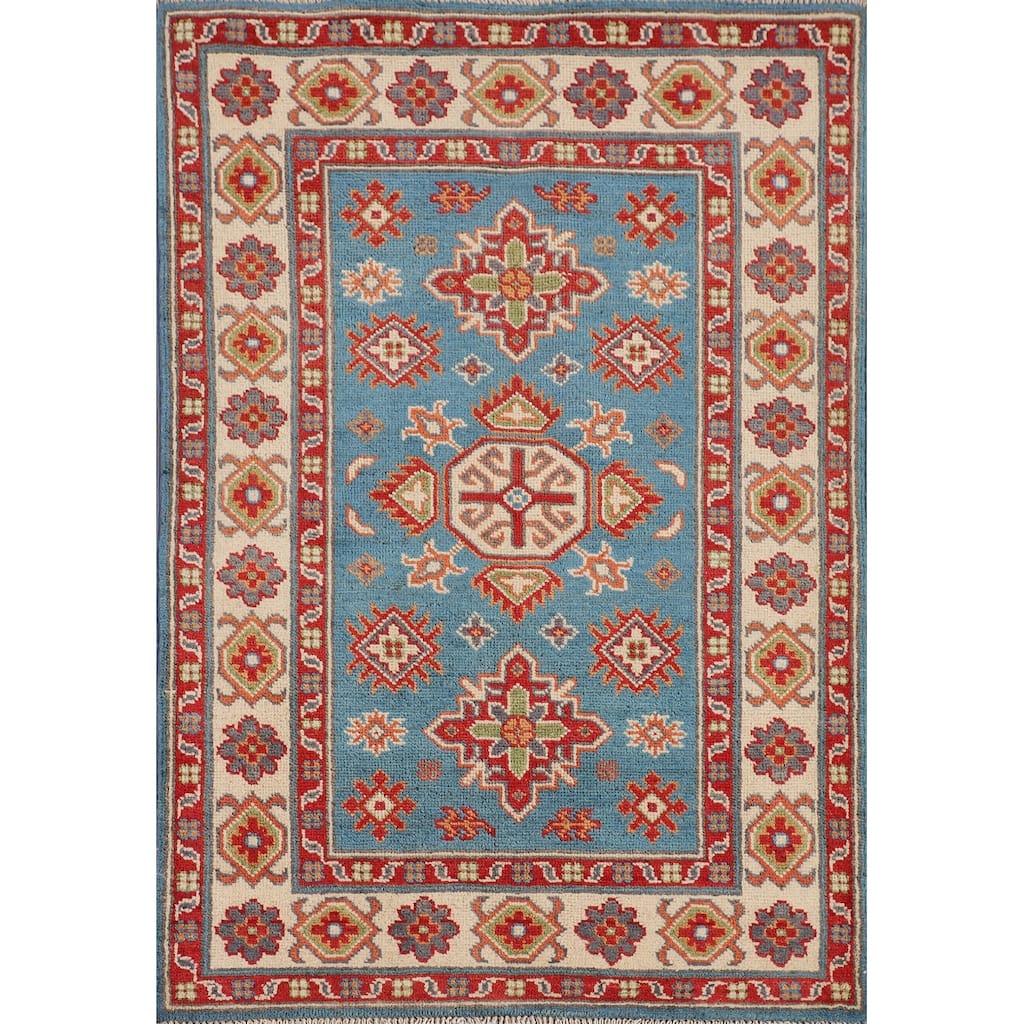 Light Blue Kazak Accent Rug Handmade Wool Carpet - 2'9" x 4'1"
