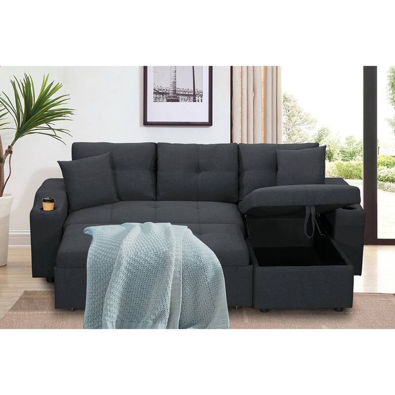 Upholstered Pull Out Sectional Sofa with Storage Chaise
