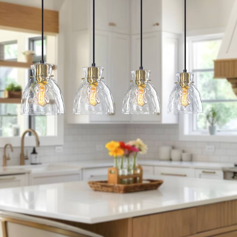 Starsky 4-Light Modern Linear Chandelier Cluster Kitchen Island Light with Hammered Glass Shade - Black&Gold - Black&Gold