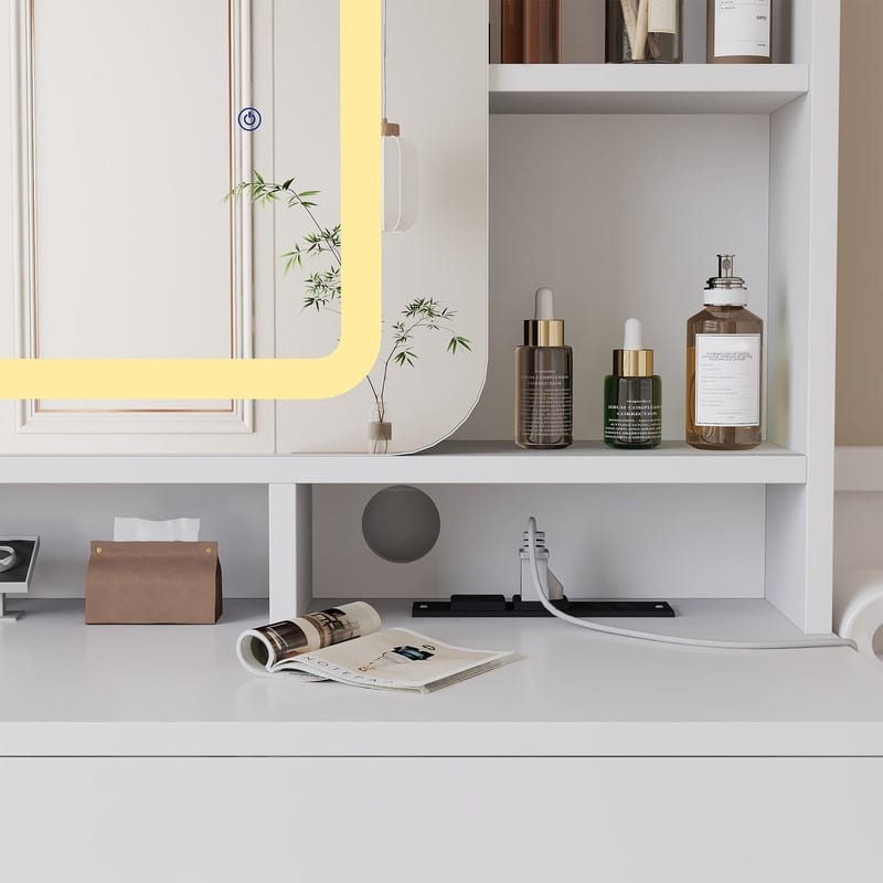 Vanity Desk with LED Mirror and Stool, Drawers, Storage Shelves, Charging Station