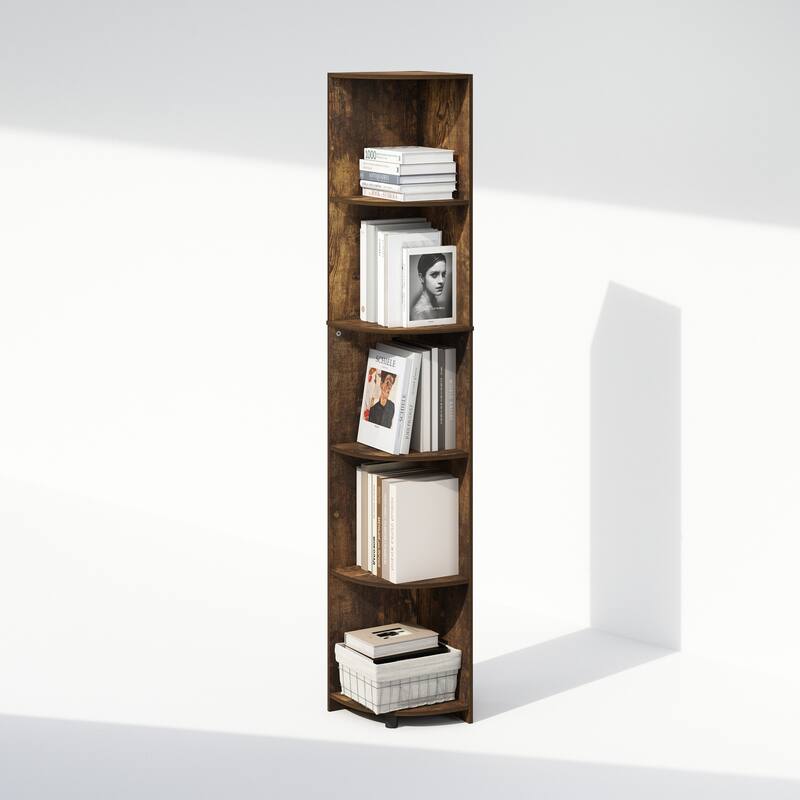 Furinno Basic 5-Tier Corner Multipurpose Standing Shelf, Amber Pine