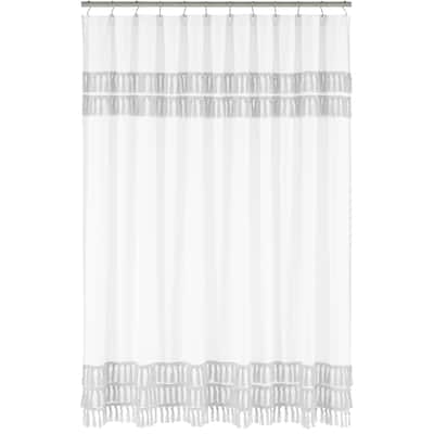 Boho Bohemian Bathroom Fabric Bath Shower Curtain - Grey and White Farmhouse Shabby Chic Modern Minimalist Gray Fringe Neutral