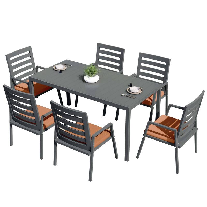 Chelsea 7-Piece Aluminum Outdoor Dining Set 78 in. Rectangular Table and 6 Dining Armchair w/ Cushions - N/A - Orange