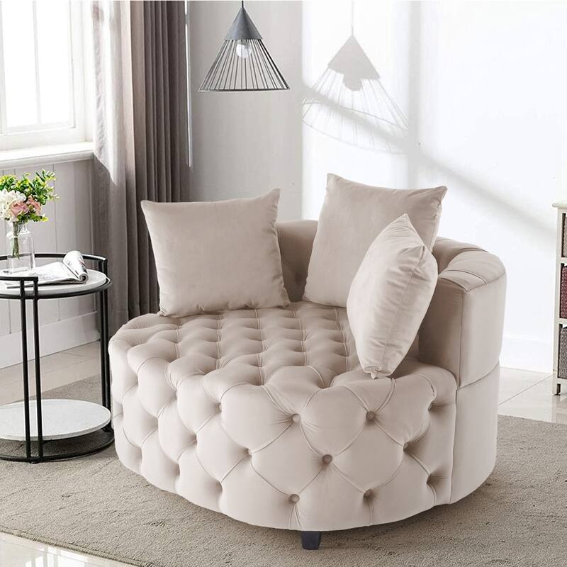 Velvet Modern Leisure Big Classical Barrel Chair with 2 Pillows - Ivory