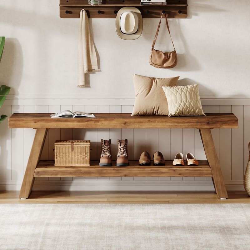 Solid Wood Entryway Bench, 2-Tier Shoe Bench with Open Shelves