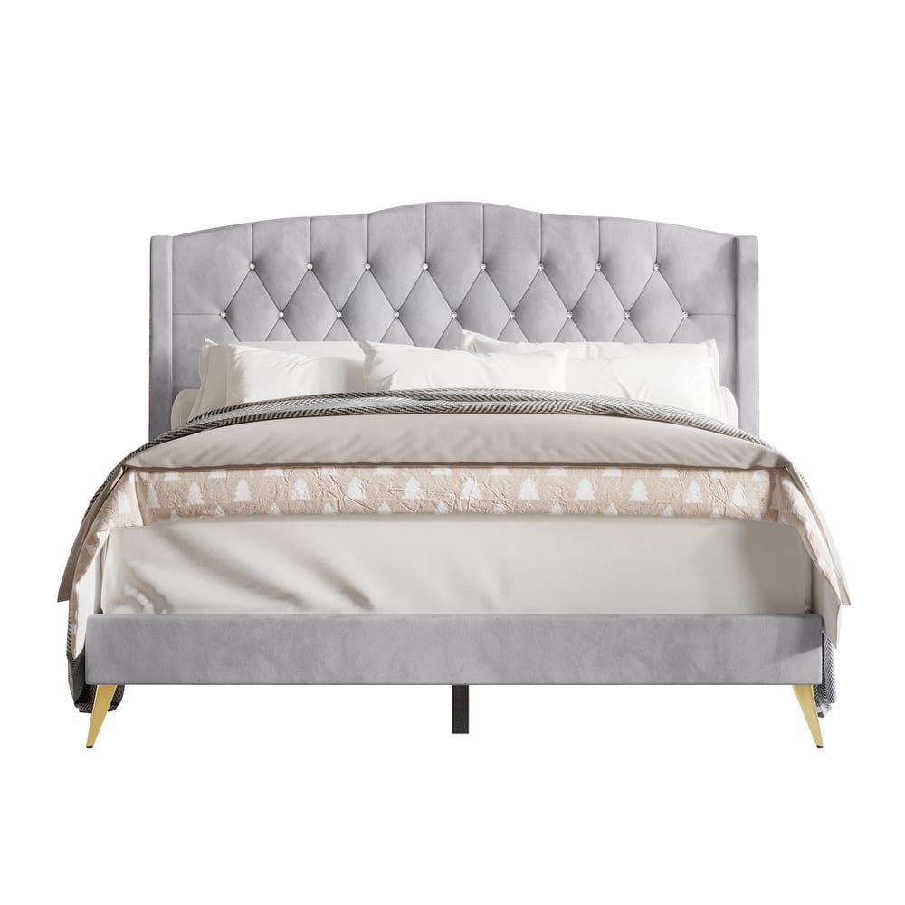 CraftPorch Velvet Diamond Button Tufted Upholstered Platform Bed